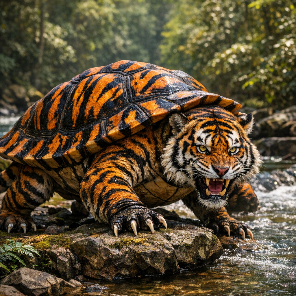 Turtiger, an AI-generated hybrid of Turtle and Tiger