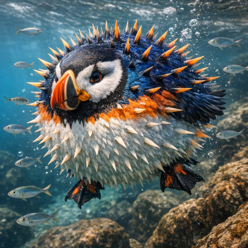 Puffuffer, an AI-generated hybrid of Puffer Fish and Puffin