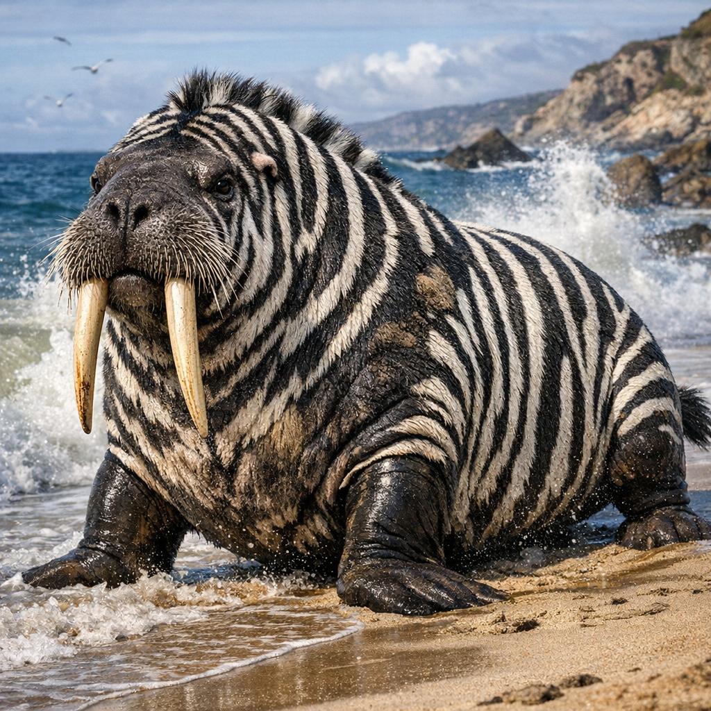 Zebrawalrus, an AI-generated hybrid of Zebra and Walrus