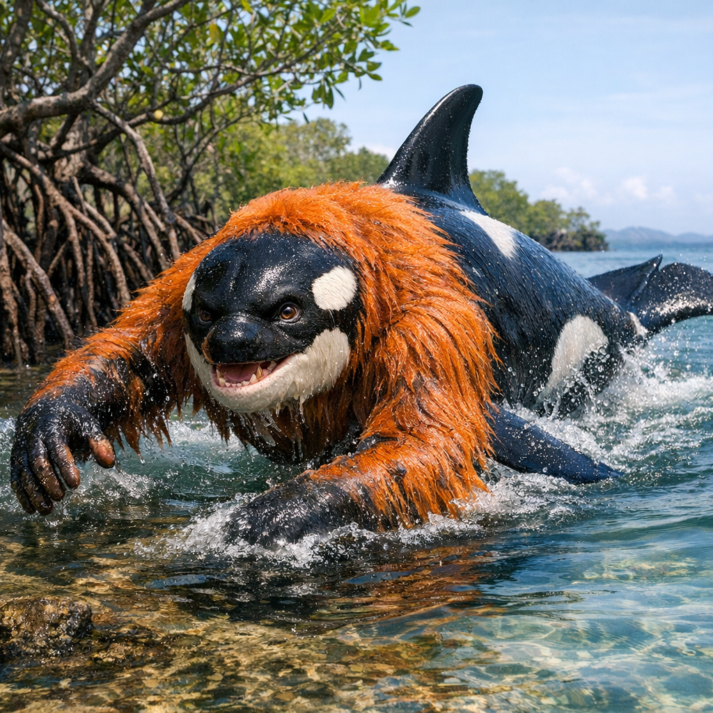 Orangorca, an AI-generated hybrid of Orangutan and orca