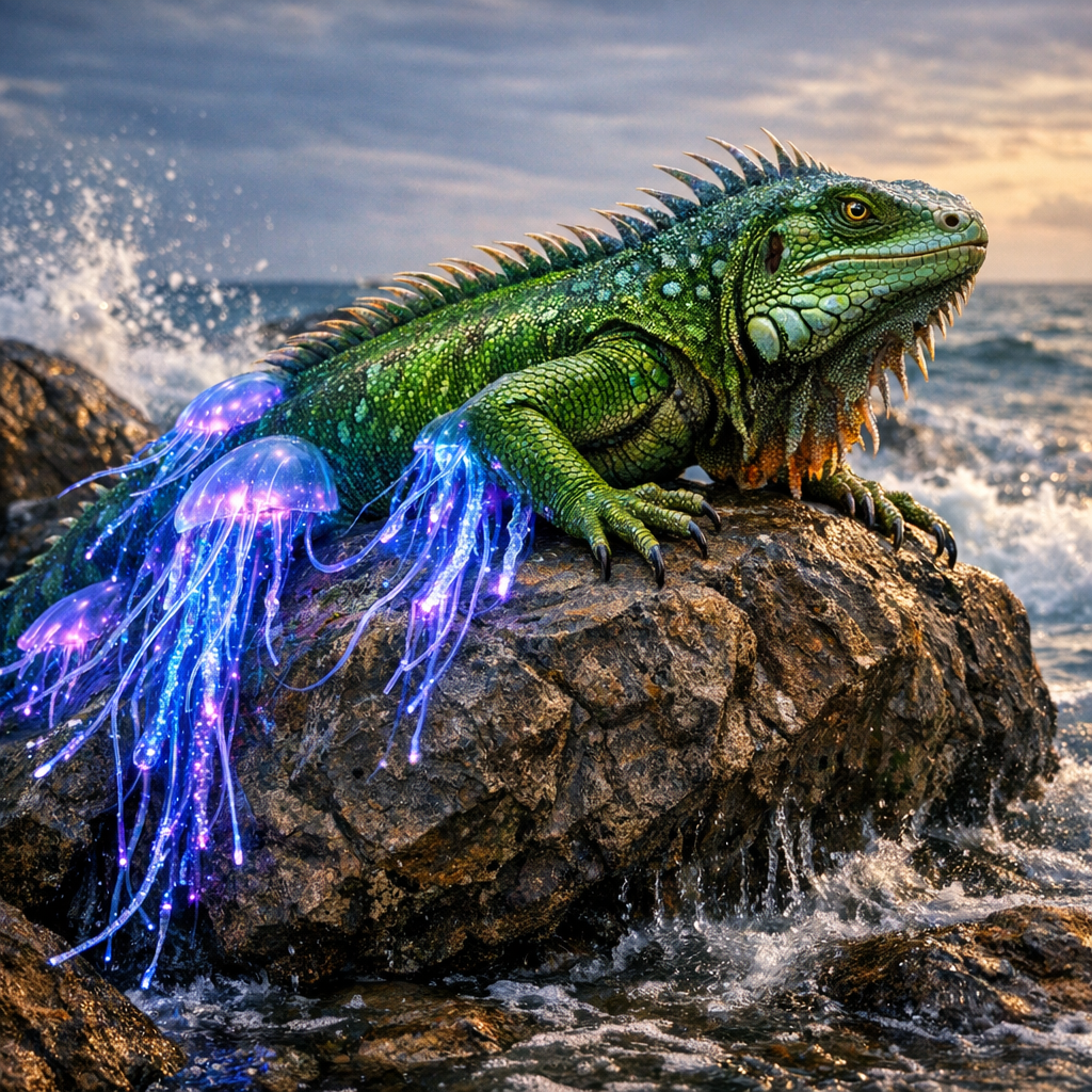 Iguafish, an AI-generated hybrid of Iguana and Jellyfish