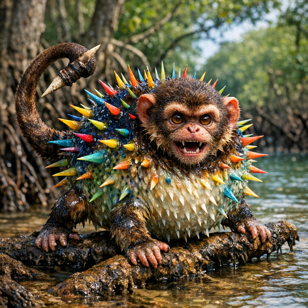 Puffinkey, an AI-generated hybrid of Puffer Fish and Monkey