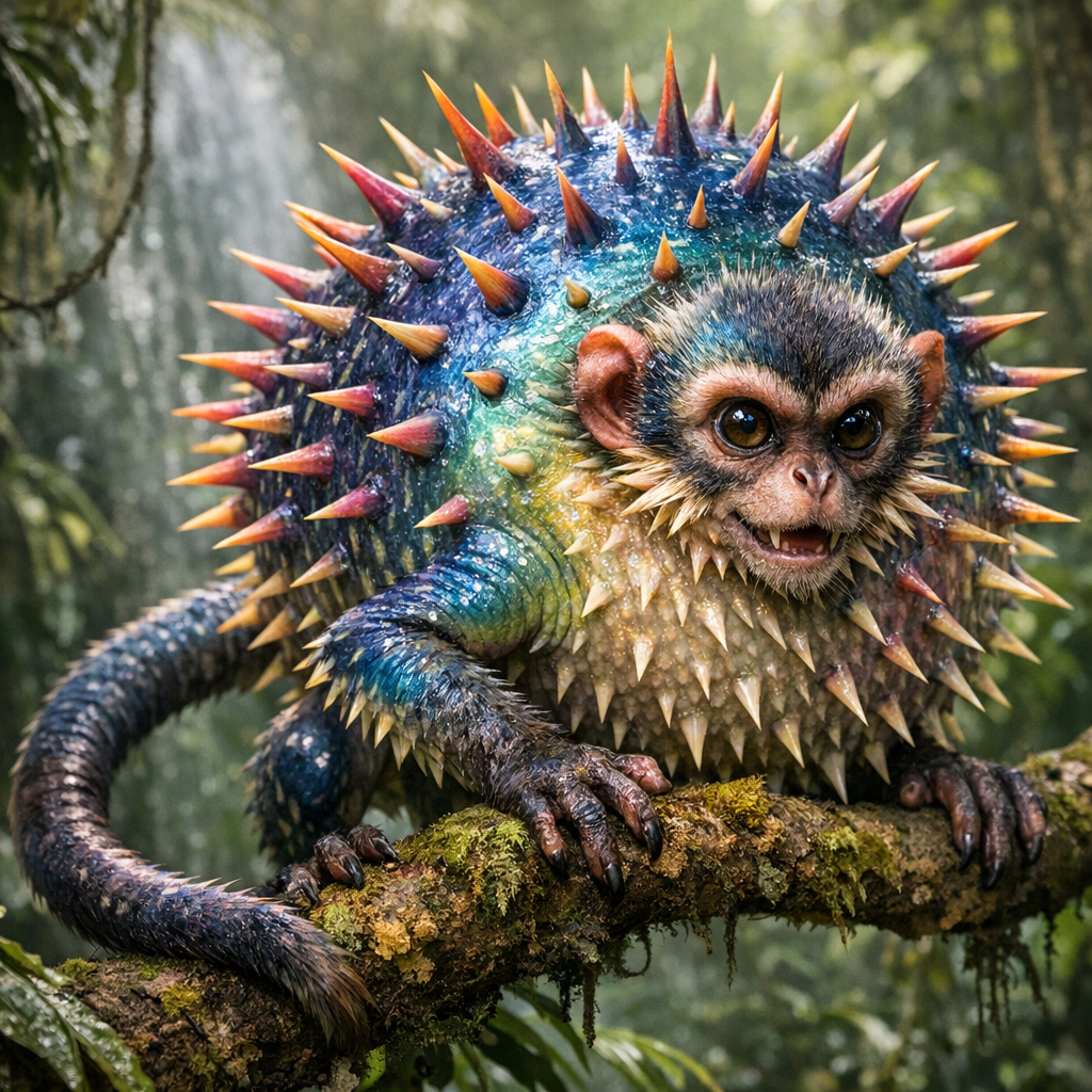 Puffeemonkey, an AI-generated hybrid of Puffer Fish and Monkey