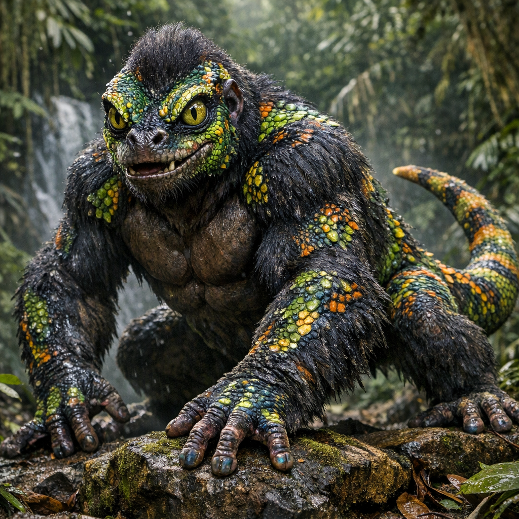 Gorill Gecko, an AI-generated hybrid of Gorilla and Gecko