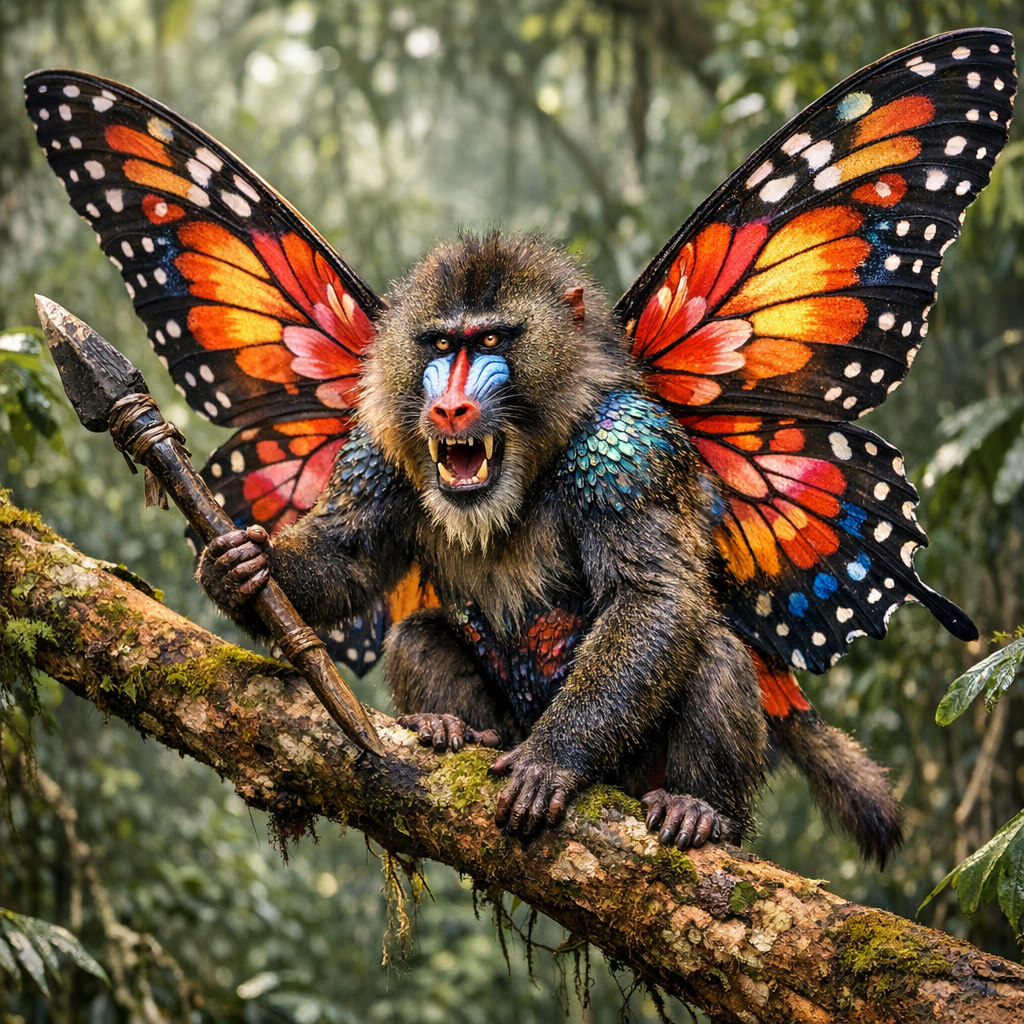 Baboofly, an AI-generated hybrid of Baboon and Butterfly