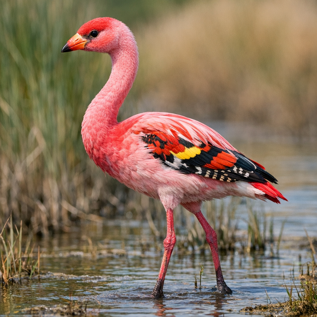 Flinchingo, an AI-generated hybrid of Flamingo and Finch
