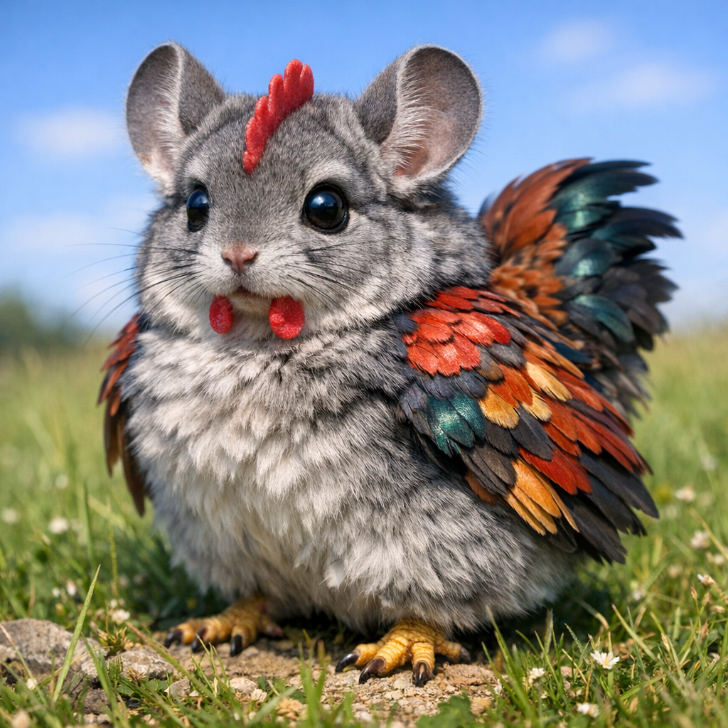 Chinchicken, an AI-generated hybrid of Chinchilla and Chicken