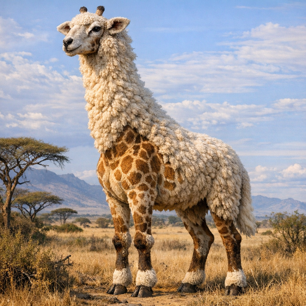 Sheephaffe, an AI-generated hybrid of Sheep and Giraffe