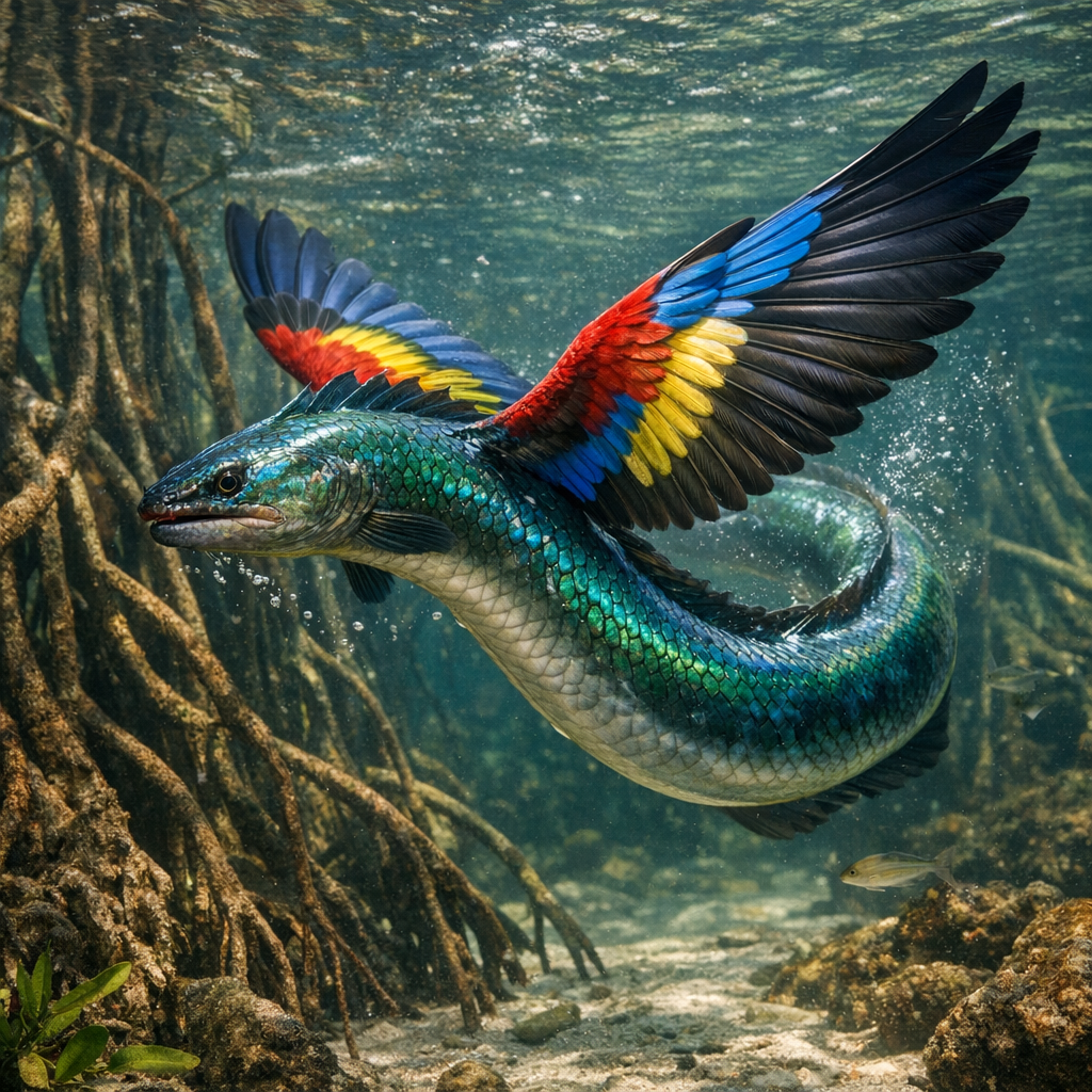 Eelfinch, an AI-generated hybrid of Eel and Finch