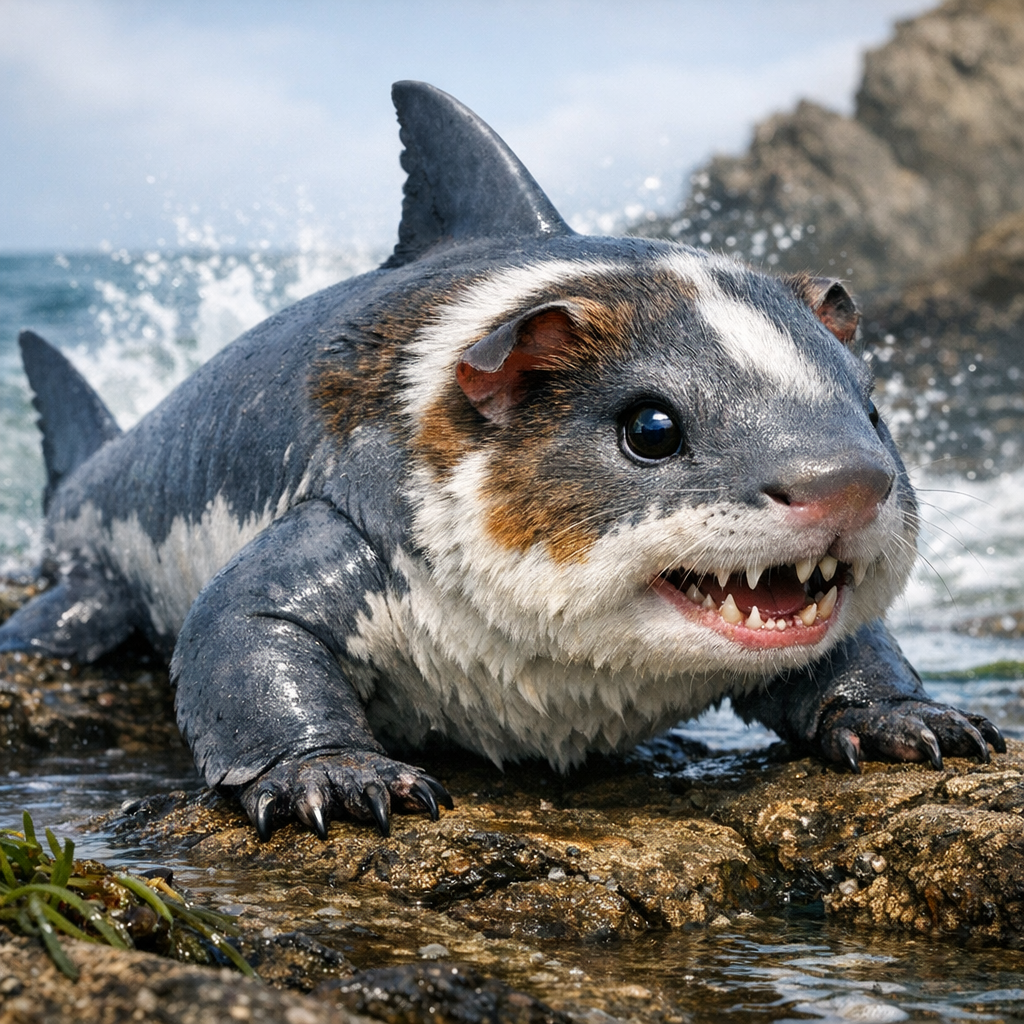 Caviacutus, an AI-generated hybrid of great white shark and Guinea Pig