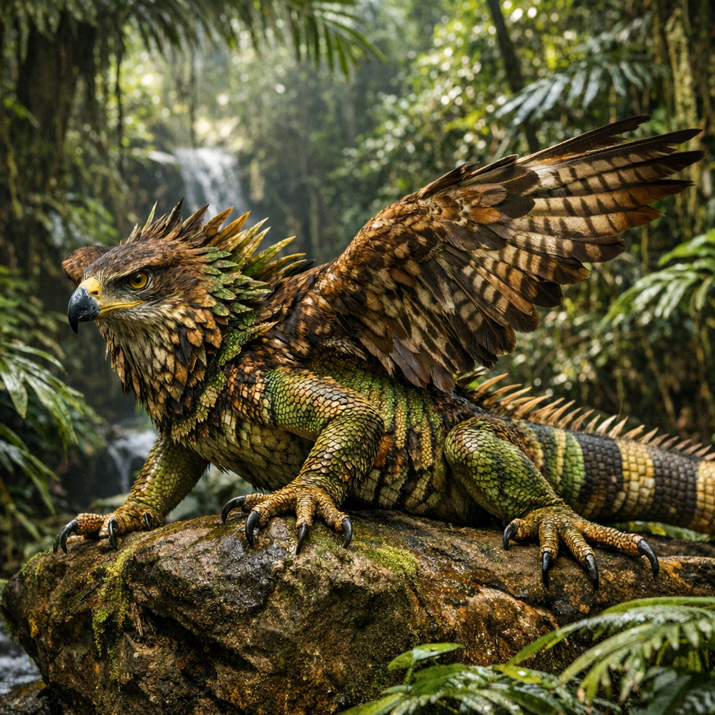 Hawguana, an AI-generated hybrid of Hawk and Iguana