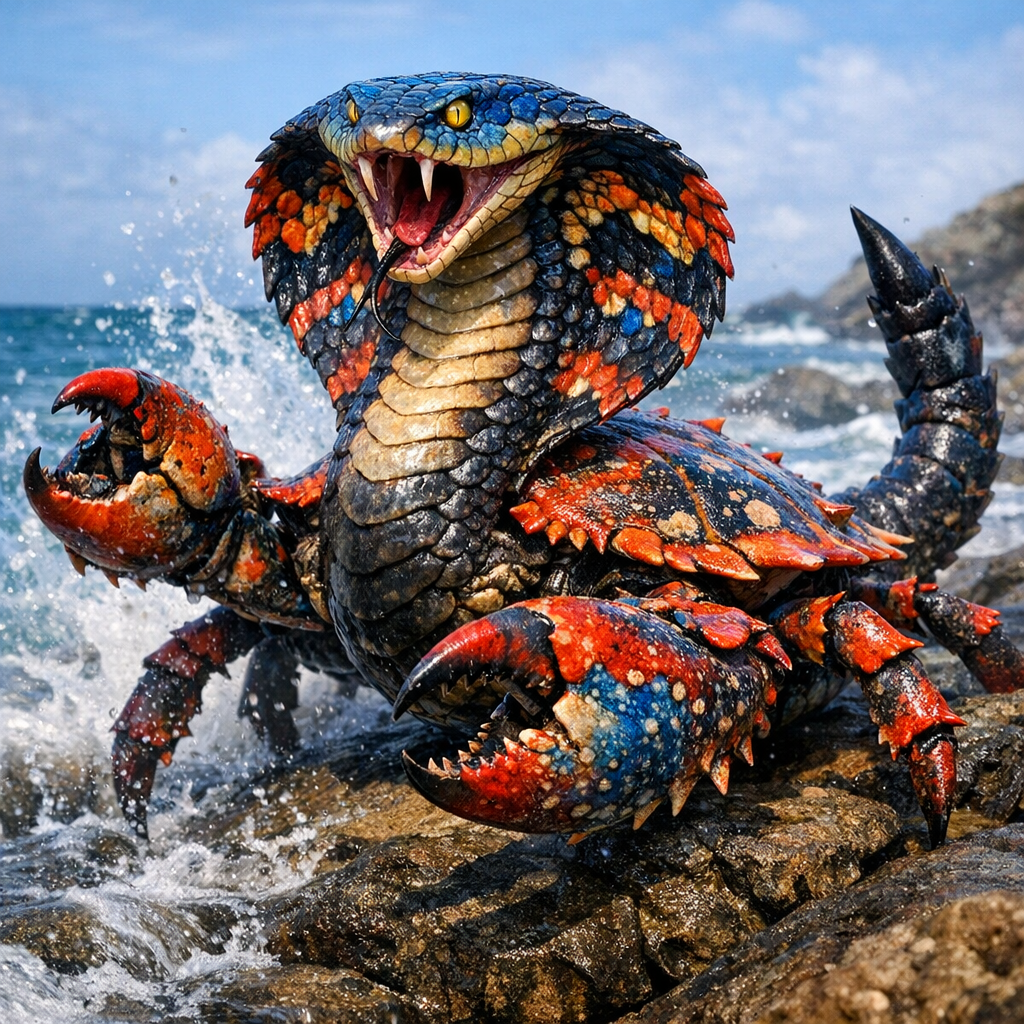 Crabobra, an AI-generated hybrid of Crab and Cobra