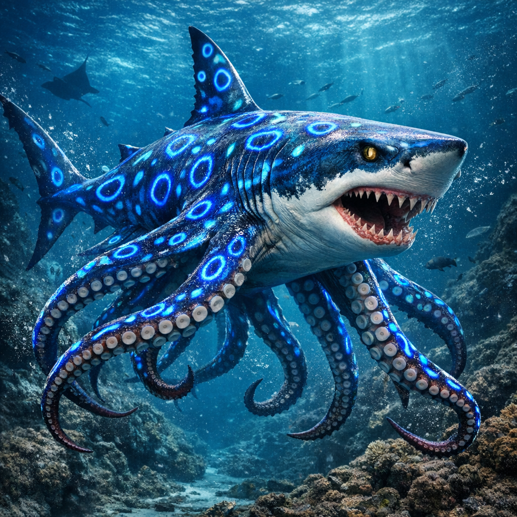 Abyssal Cephaloshark, an AI-generated hybrid of blue ring octopus and great white shark