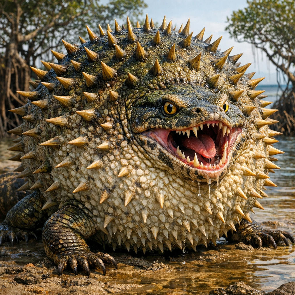 PuffoDragon, an AI-generated hybrid of Puffer Fish and Komodo Dragon