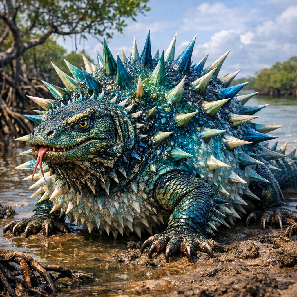 Puffodragon, an AI-generated hybrid of Puffer Fish and Komodo Dragon