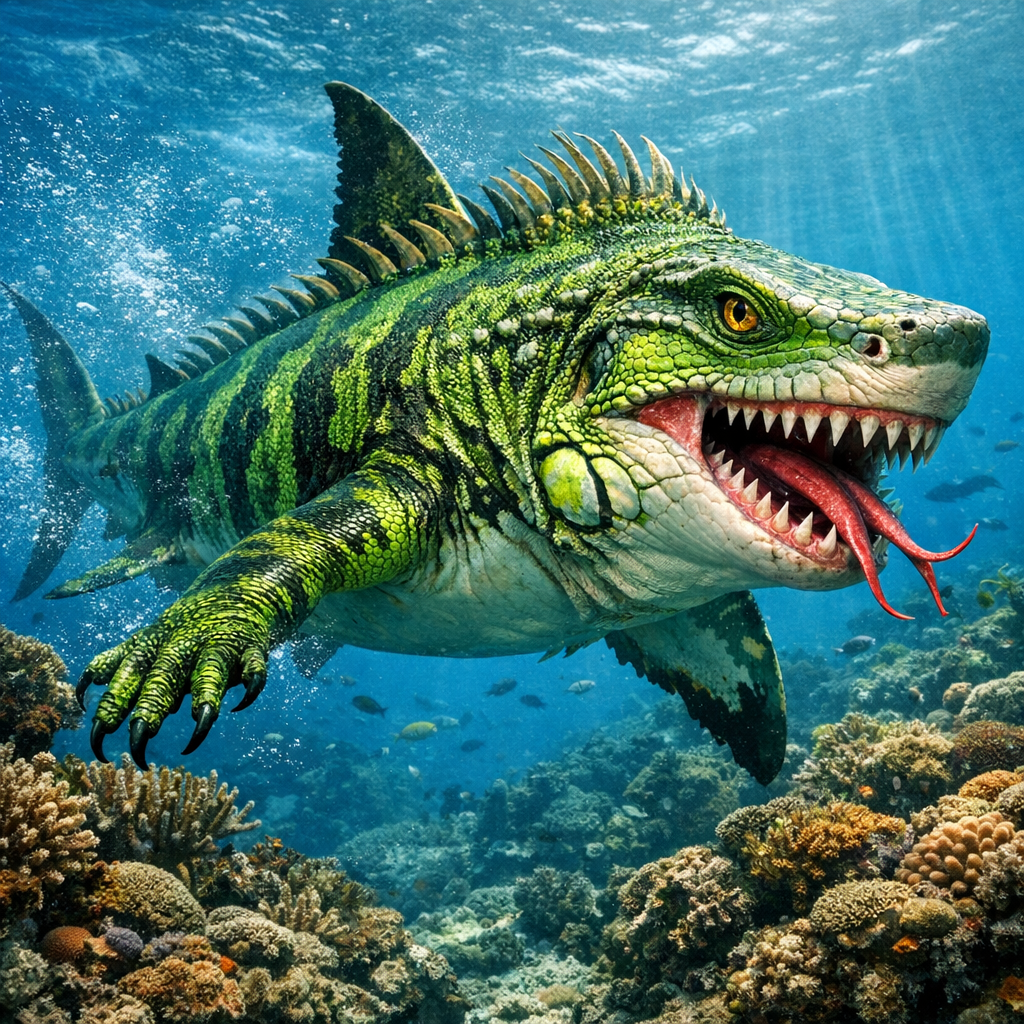 Iguashark, an AI-generated hybrid of Iguana and great white shark