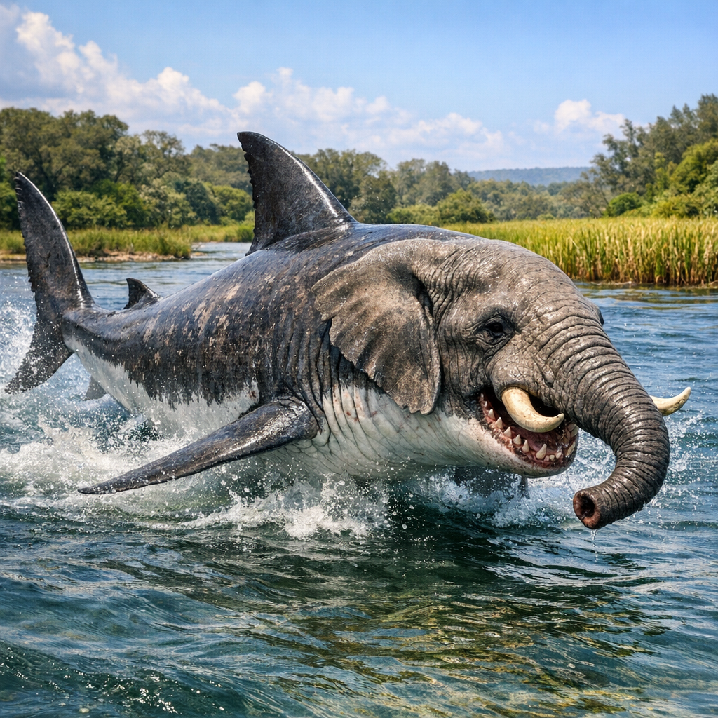 Elashark, an AI-generated hybrid of great white shark and Elephant