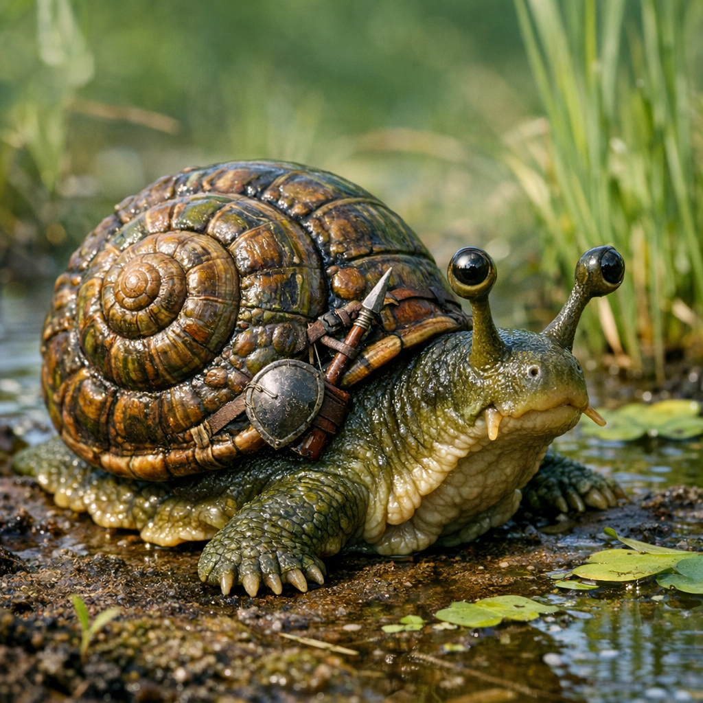 Snurtel, an AI-generated hybrid of Snail and Turtle