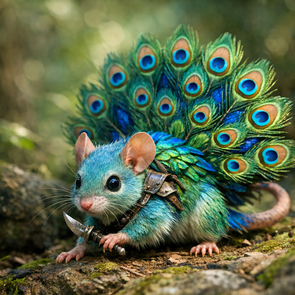 PeacoMouse, an AI-generated hybrid of Peacock and Mouse