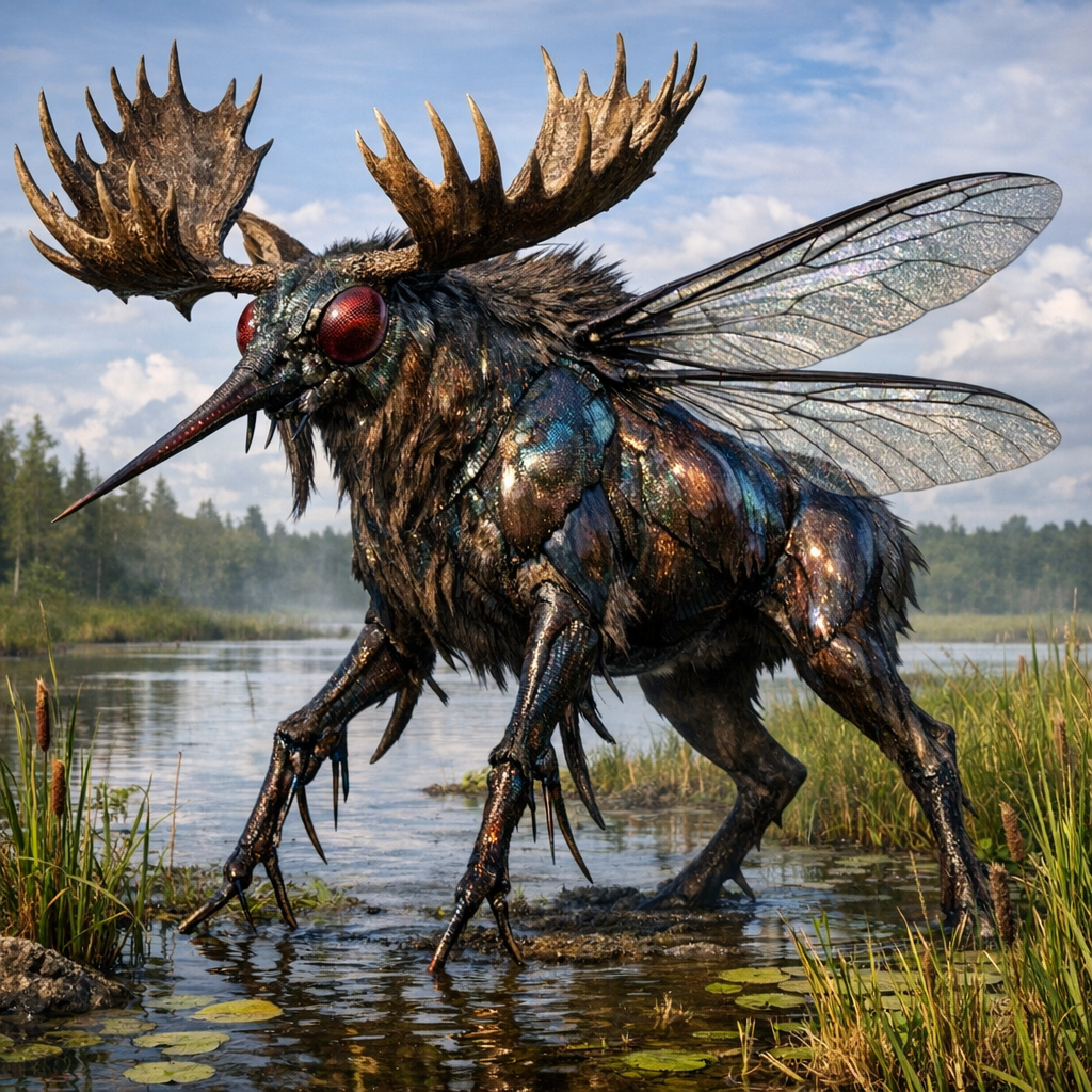 Moosquito, an AI-generated hybrid of Moose and mosquito