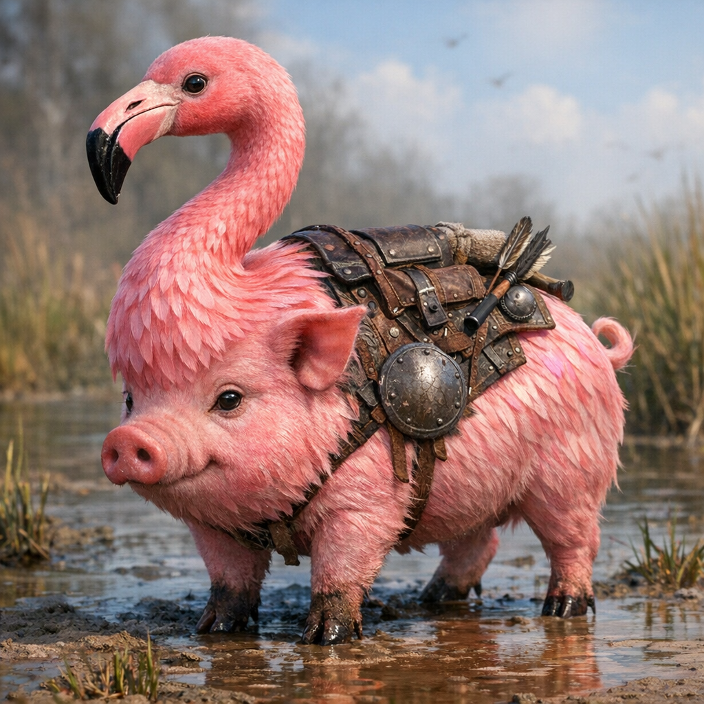 FlamPig, an AI-generated hybrid of Flamingo and Pig