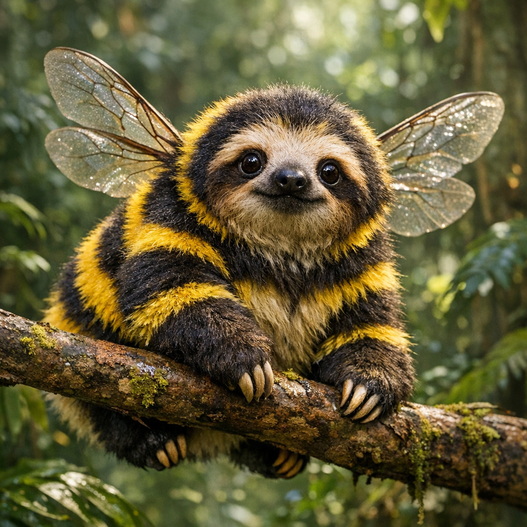 Slumbumble, an AI-generated hybrid of Sloth and Bumblebee