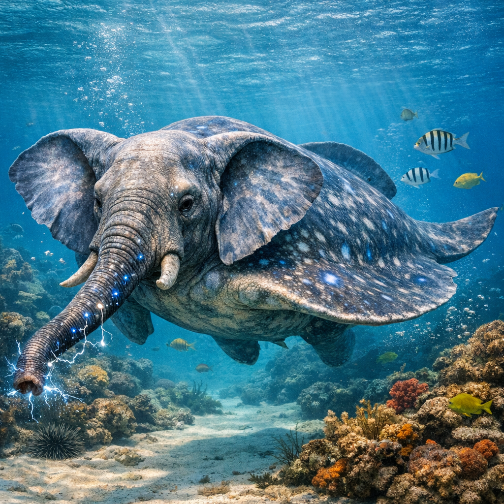 Electrophant, an AI-generated hybrid of Electric Ray and Elephant