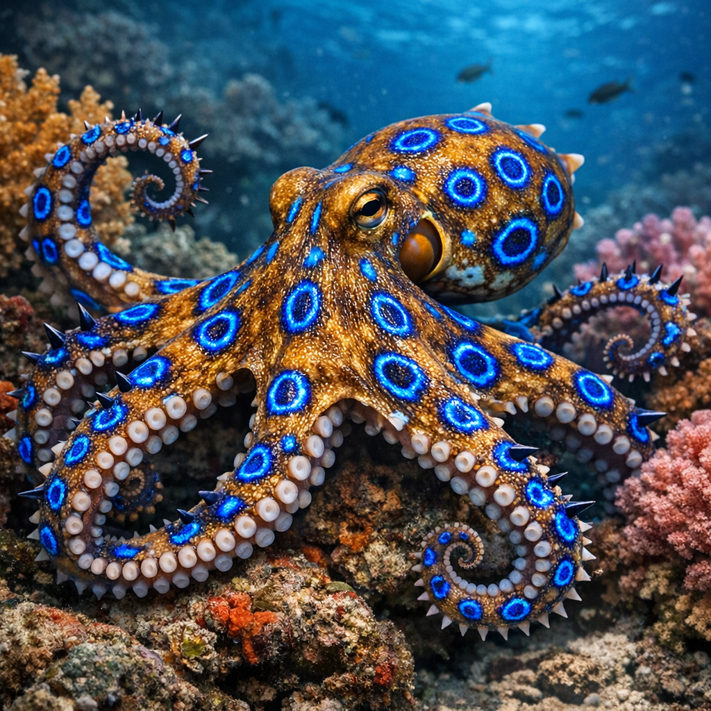 Cyanodactylus, an AI-generated hybrid of blue ring octopus and Octopus