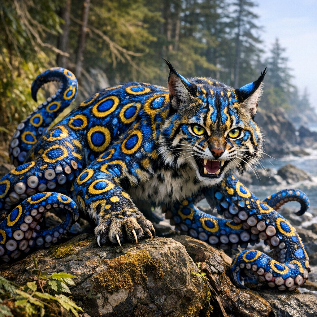 Bobocto, an AI-generated hybrid of blue ring octopus and Bobcat