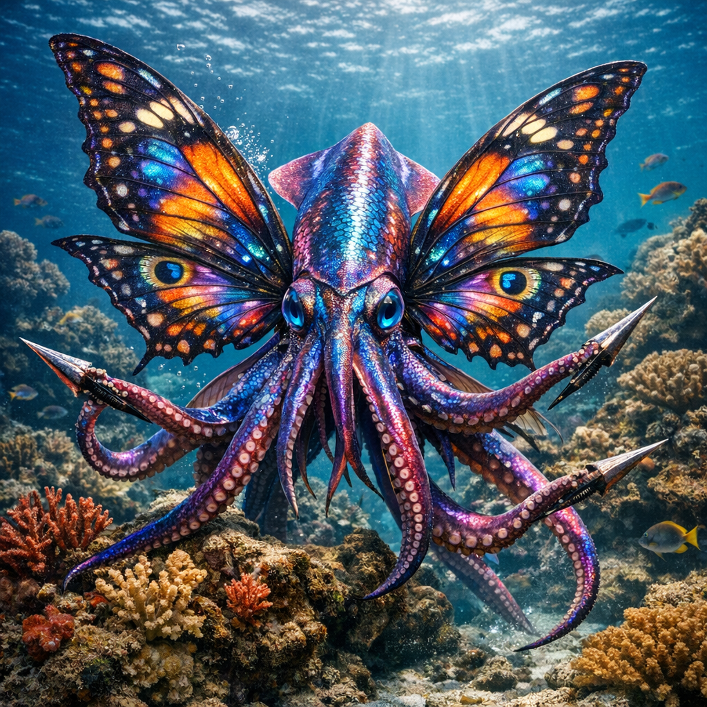 Squibutter, an AI-generated hybrid of Squid and Butterfly