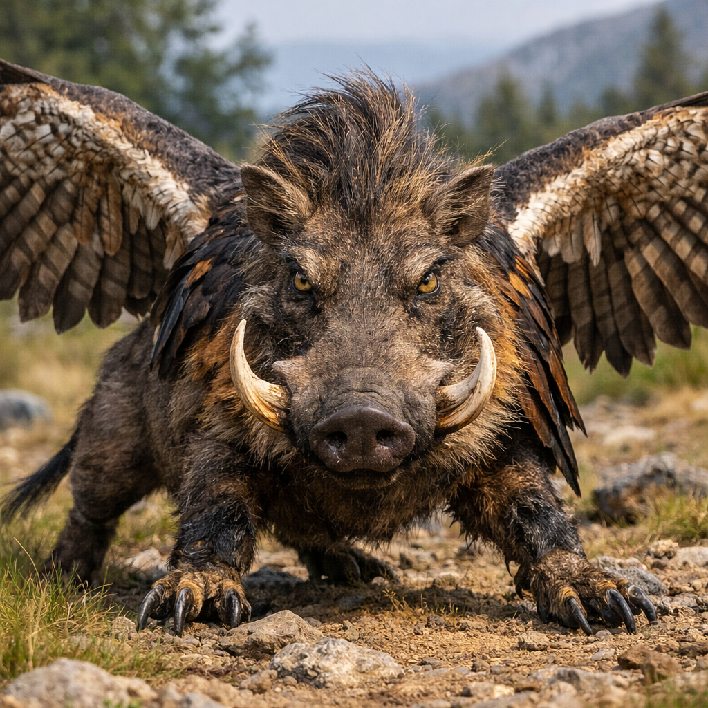 Falconhog, an AI-generated hybrid of Warthog and falcon