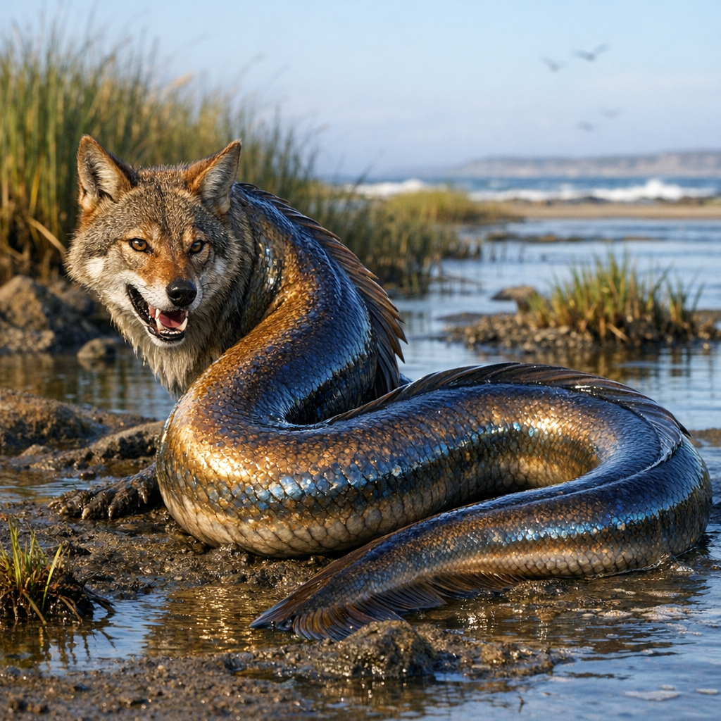 Coyeel, an AI-generated hybrid of Coyote and Eel