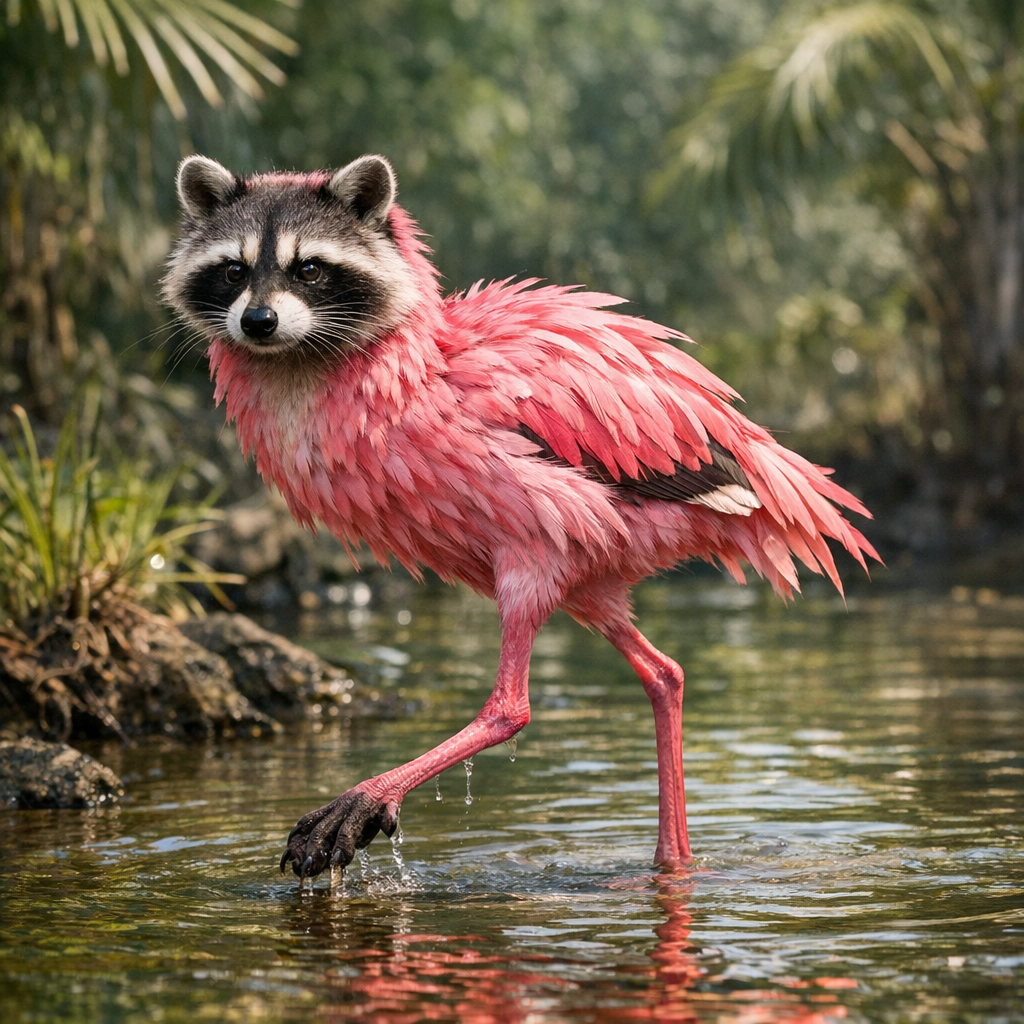 Racamingo, an AI-generated hybrid of Raccoon and Flamingo