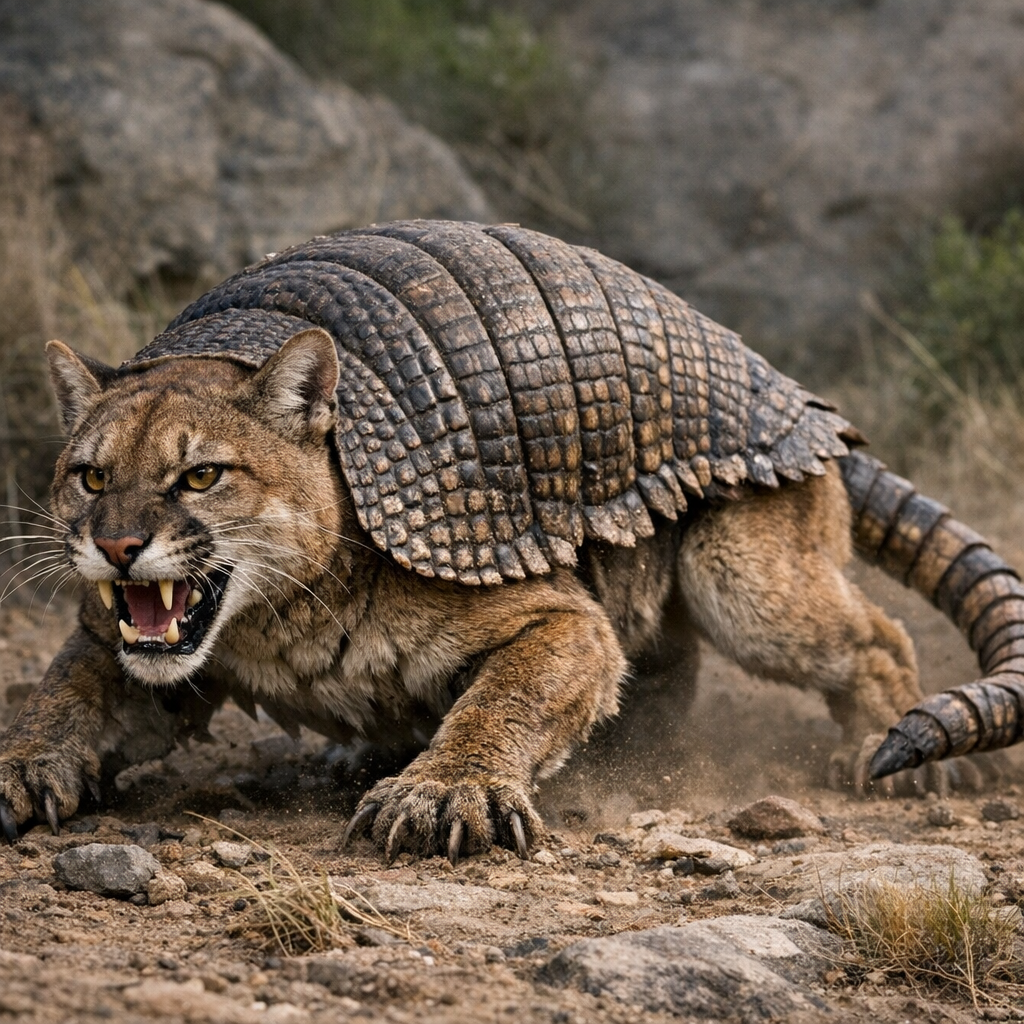 Armoguar, an AI-generated hybrid of Armadillo and Cougar