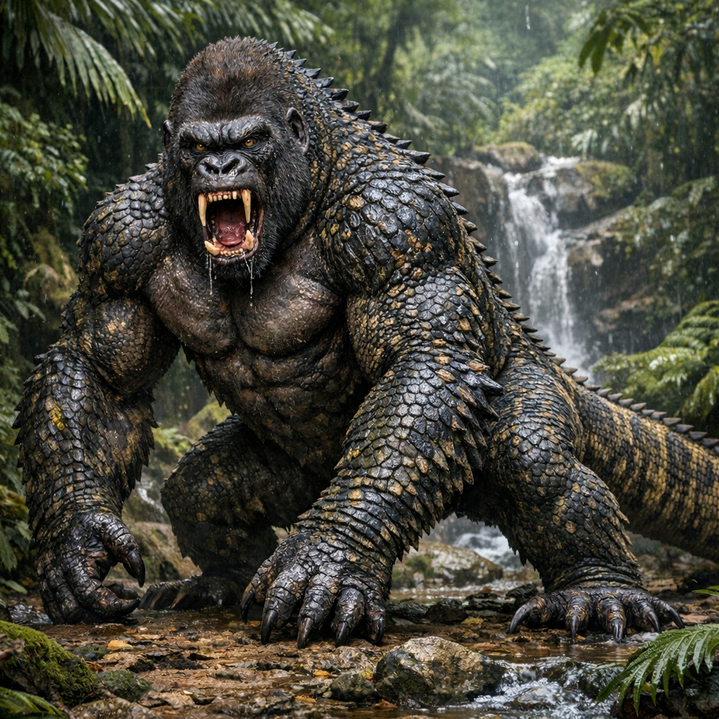 Goromodo, an AI-generated hybrid of Gorilla and Komodo Dragon