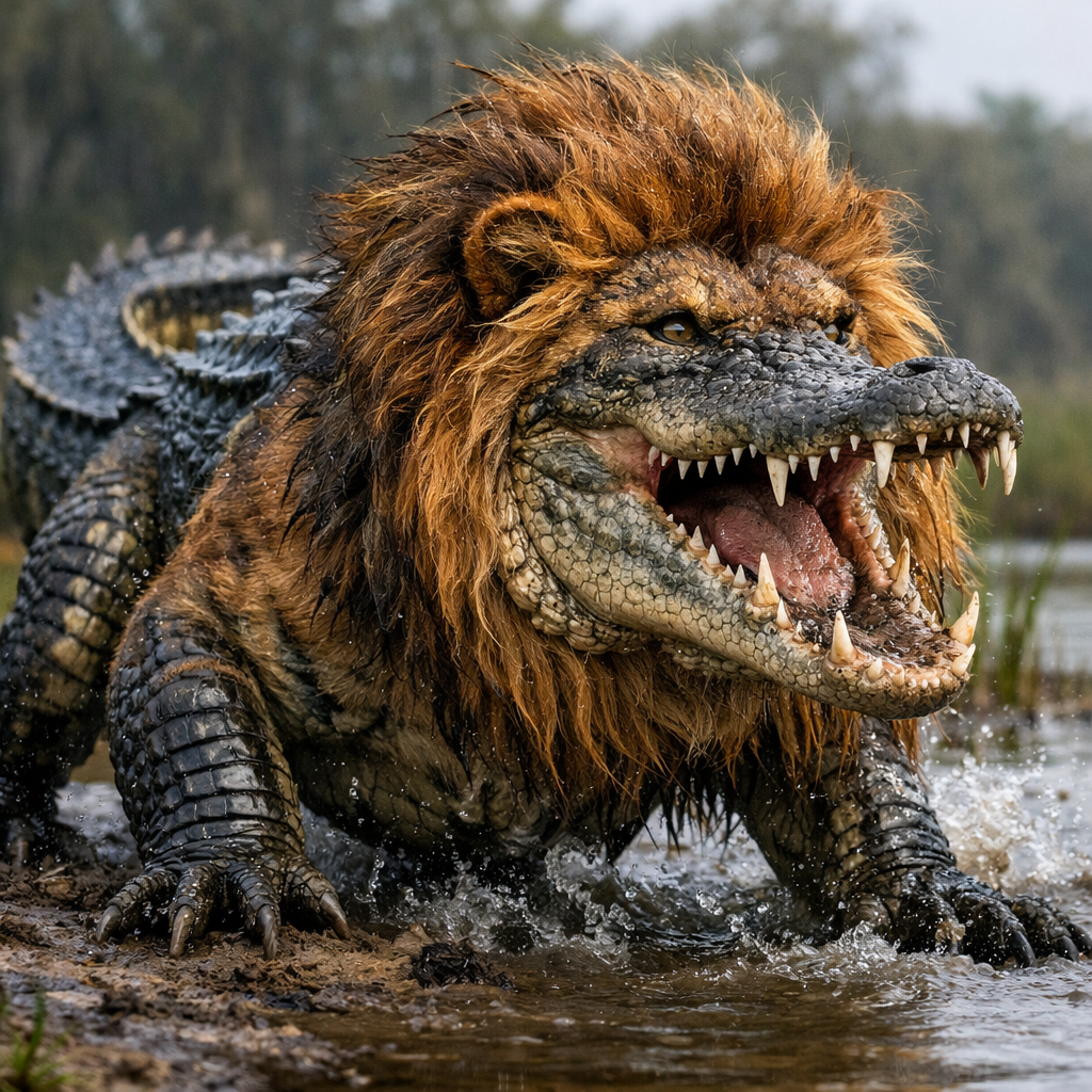 LioGator, an AI-generated hybrid of Lion and Alligator