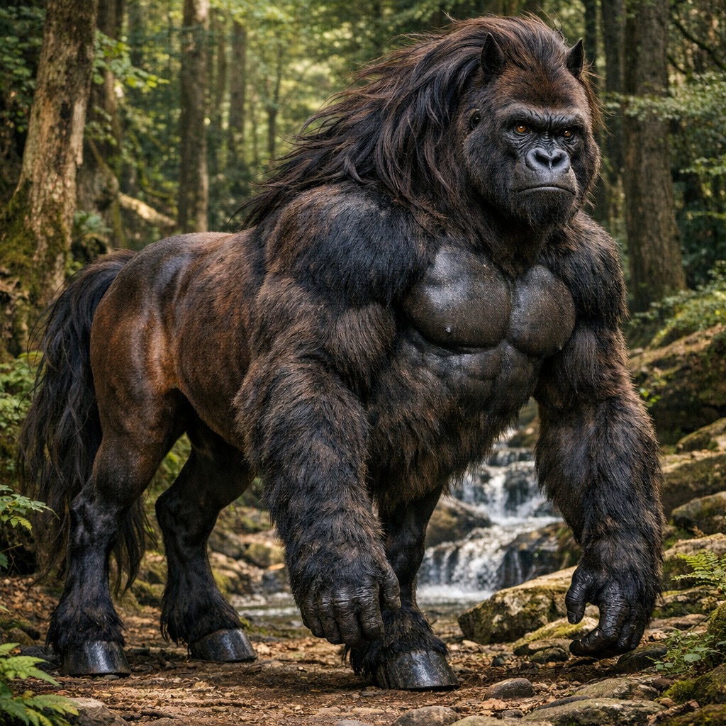 Gororse, an AI-generated hybrid of Gorilla and horse