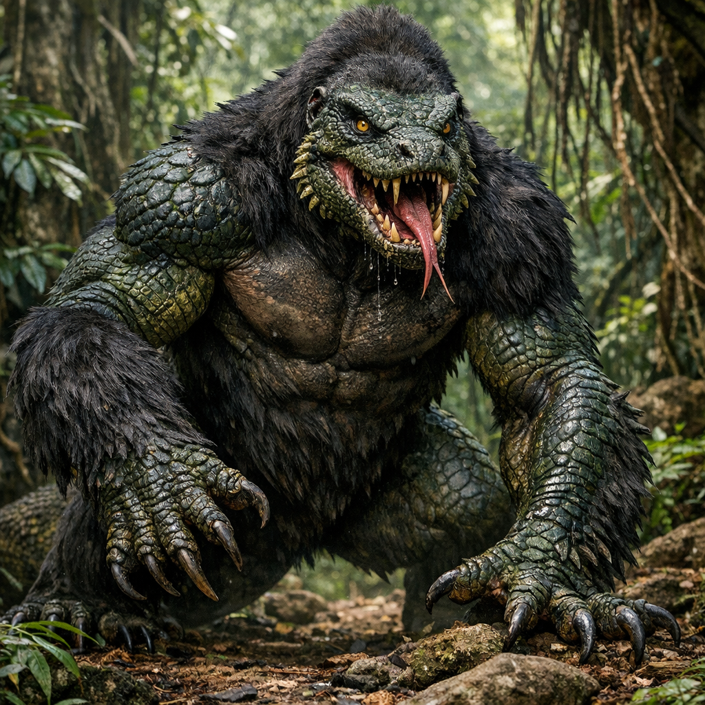 Goromodo, an AI-generated hybrid of Gorilla and Komodo Dragon