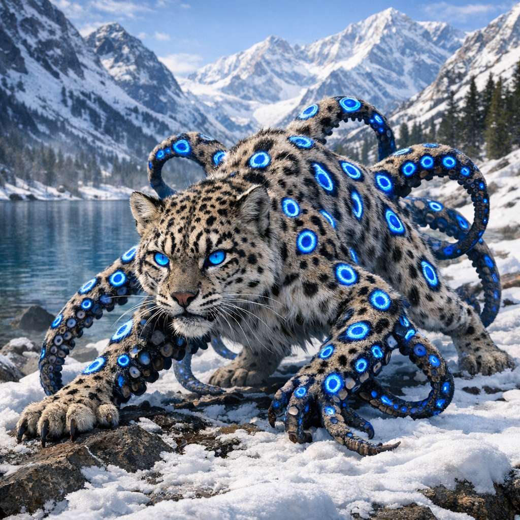 Leopardus Octopuz, an AI-generated hybrid of blue ring octopus and snow leopard