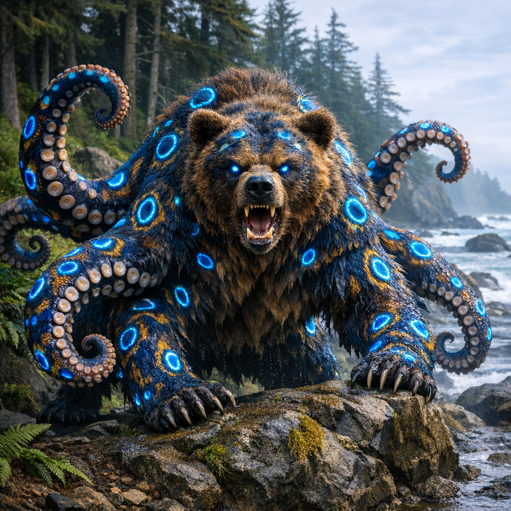 OctoBear, an AI-generated hybrid of blue ring octopus and Bear