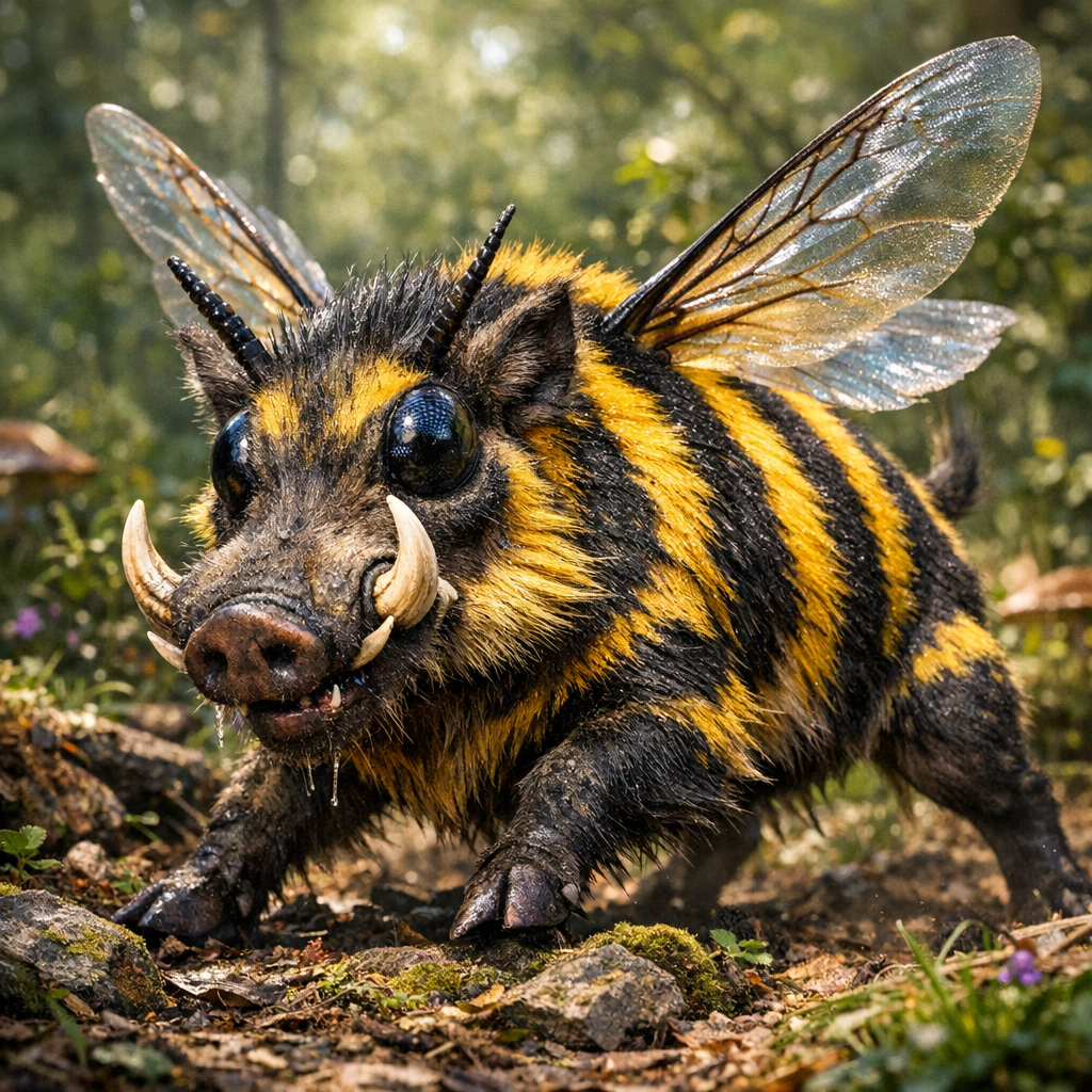 Warthumblebee, an AI-generated hybrid of Warthog and Bumblebee