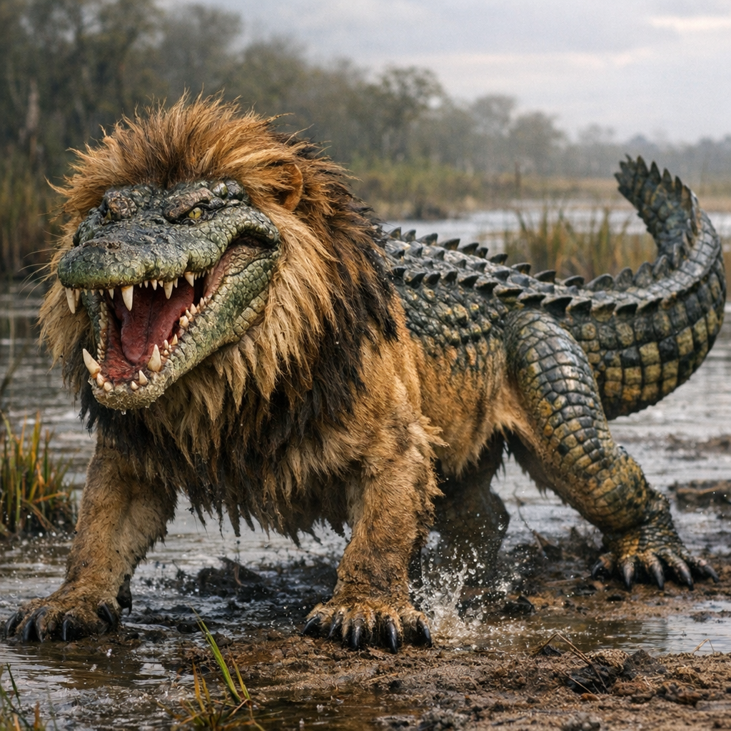 Crocodlion, an AI-generated hybrid of Crocodile and Lion