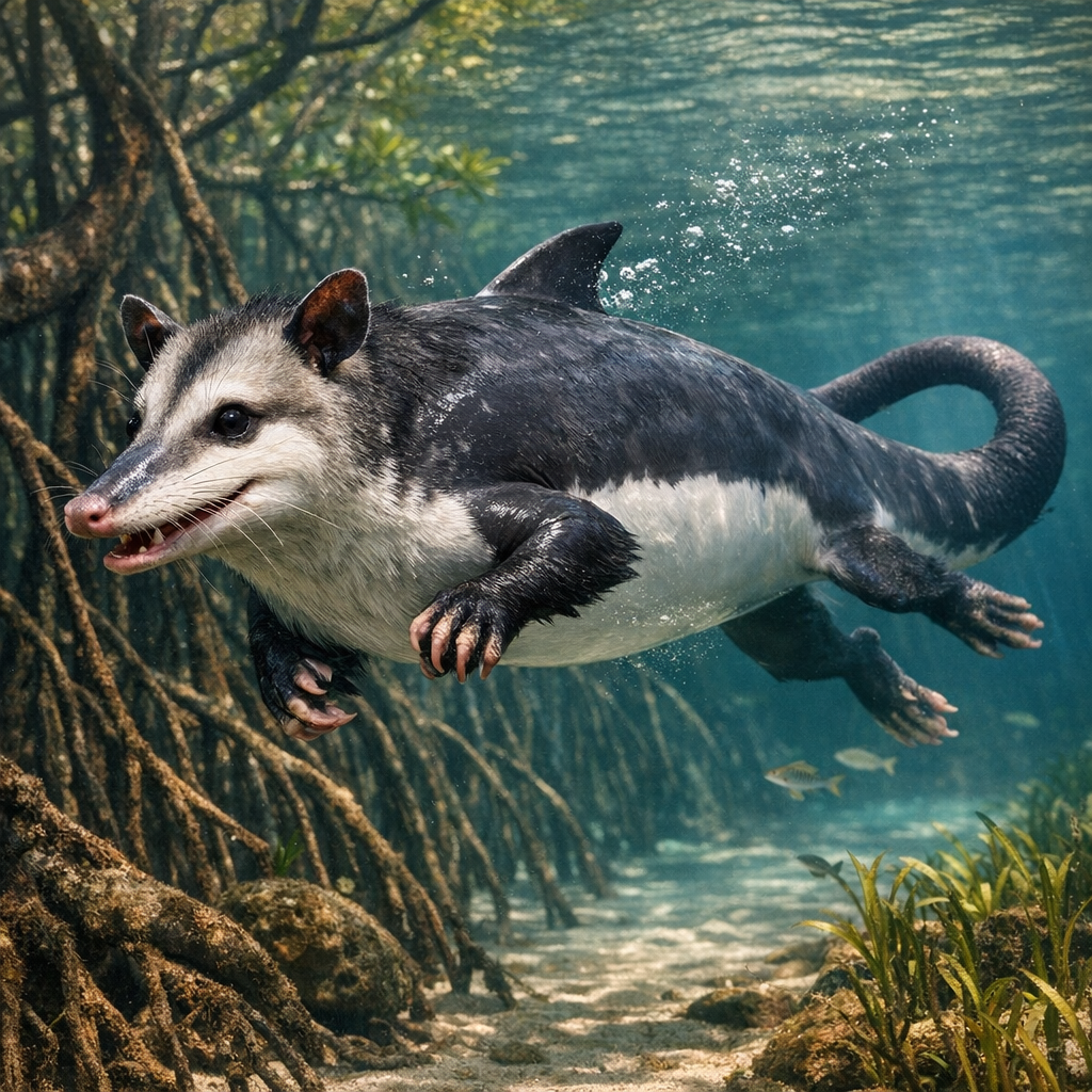 Dolphinpossum, an AI-generated hybrid of Opossum and Dolphin