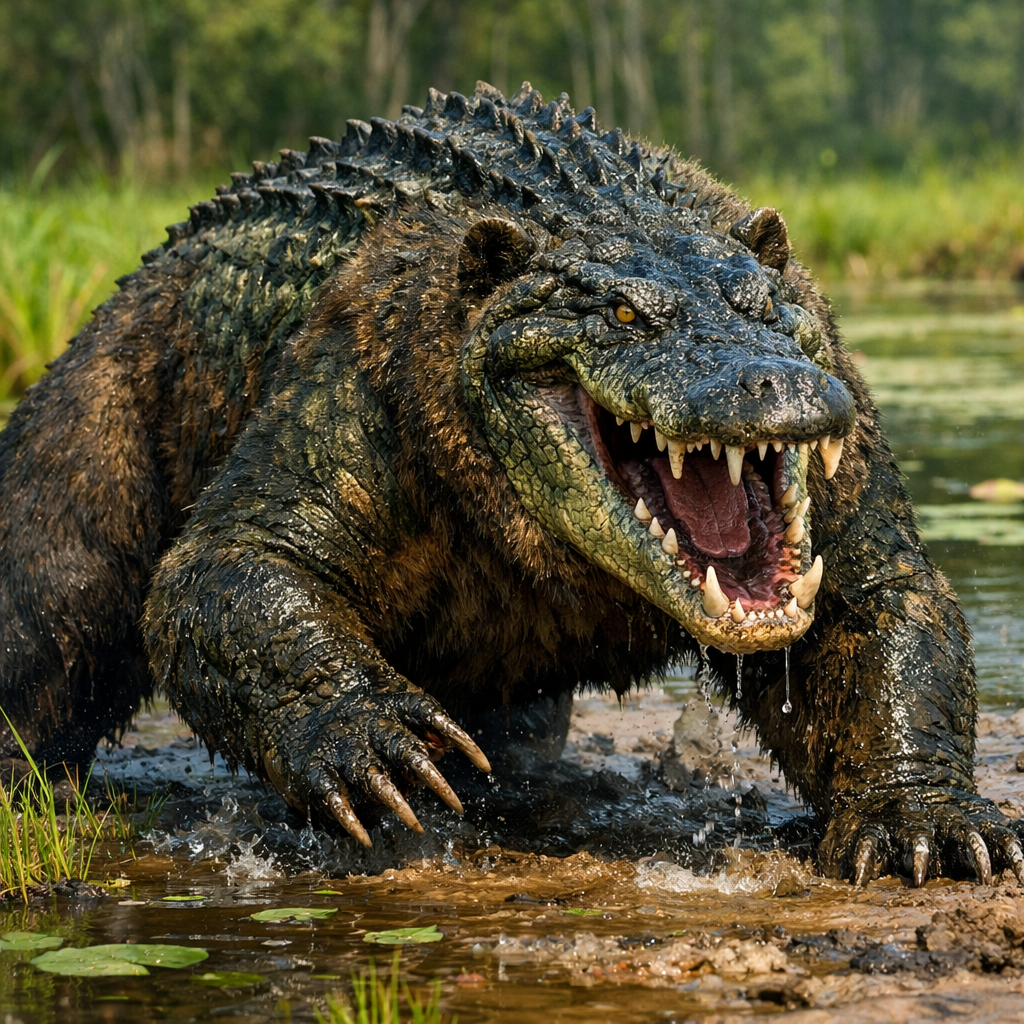 Crocobear, an AI-generated hybrid of Crocodile and Bear