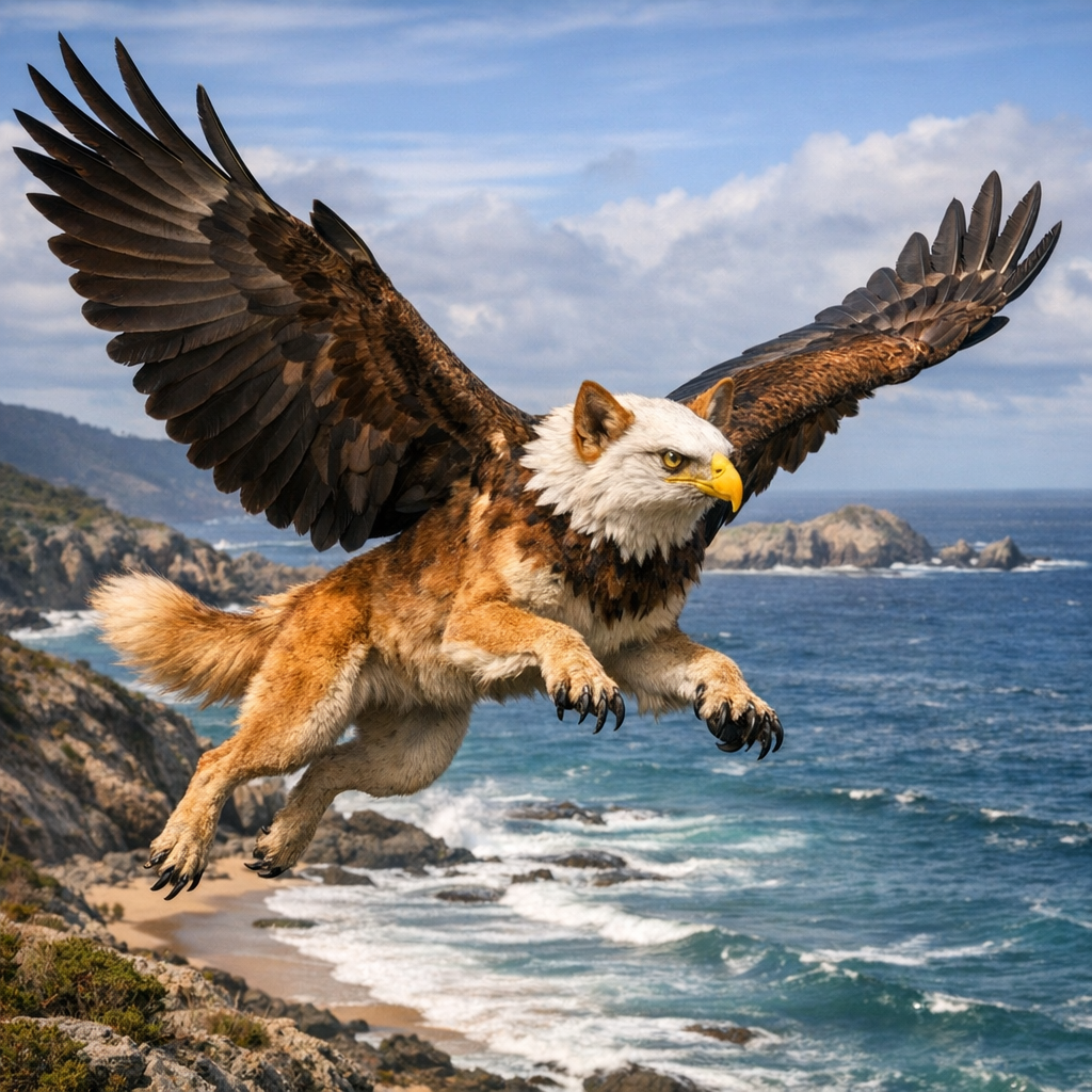 Eaglingo, an AI-generated hybrid of Bald Eagle and Dingo
