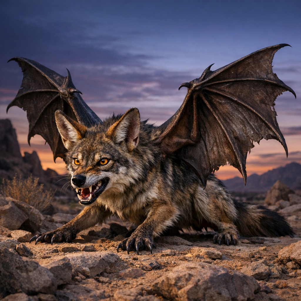 CoyoteBat, an AI-generated hybrid of Bat and Coyote