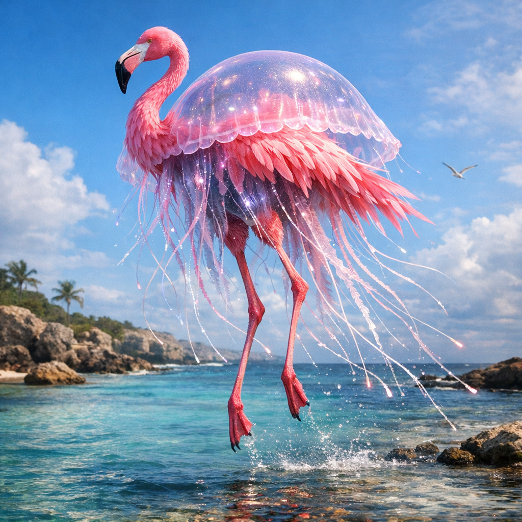 Flamijelly, an AI-generated hybrid of Flamingo and Jellyfish