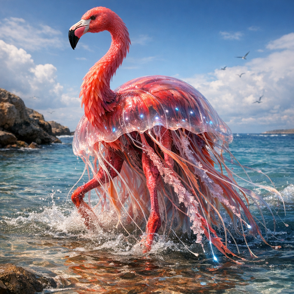 Flamijelly, an AI-generated hybrid of Flamingo and Jellyfish