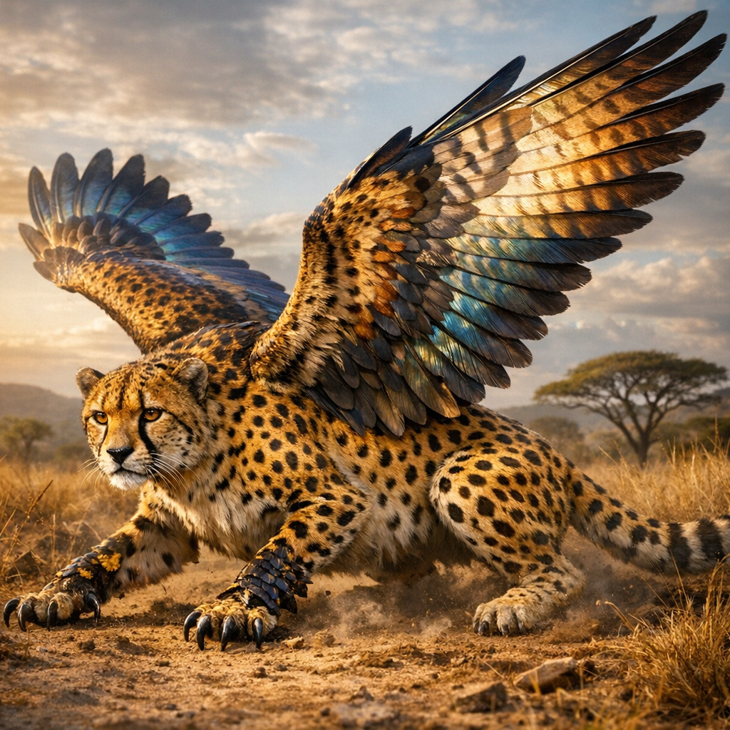 Cheetalcon, an AI-generated hybrid of Cheetah and falcon