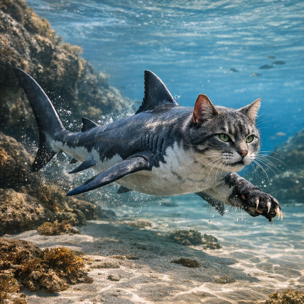 Sharkat, an AI-generated hybrid of Shark and Cat